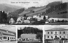 dobová pohlednice vsi s kostelem (nahoře vlevo)