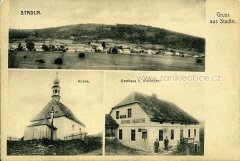 dobová pohlednice vsi s kaplí (vlevo dole)