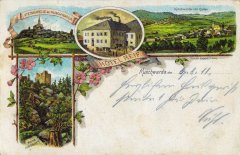 dobová pohlednice městyse s kostelem (vpravo nahoře)