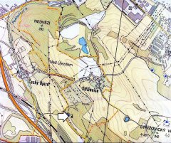 umístění kostela na mapě (označeno šipkou)