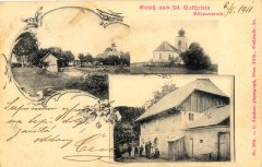 dobová pohlednice vsi s kostelem