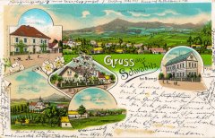 dobová pohlednice vsi s kostelem (na levém dolním snímku)