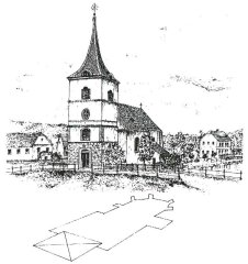 kresba kostela a jeho půdorysu