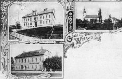 dobová pohlednice vsi s kostelem