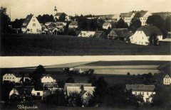 dobová pohlednice vsi s kostelem (vlevo nahoře)