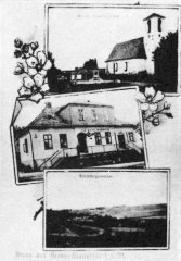 dobová pohlednice vsi s  kostelem
