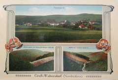 historická pohlednice vsi s kostelem (nahoře)