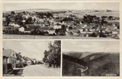 dobová pohlednice vsi s  kostelem (nahoře vlevo)