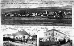 dobová pohlednice vsi s  kostelem