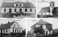 dobová pohlednice vsi s  kostelem
