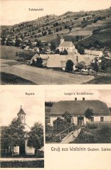 historická pohlednice vsi s kostelem (nahoře)