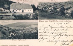 historická pohlednice vsi s kostelem (vlevo dole)