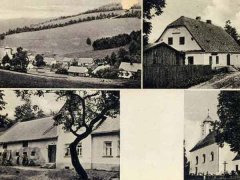 dobová pohlednice vsi s  kostelem