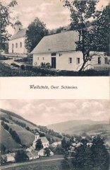 historická pohlednice vsi s kostelem