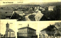 dobová pohlednice vsi s kaplí (vlevo dole)