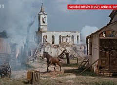 odstřel věže kostela (snímek z natáčení filmu Poslušně hlásím)