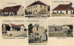 dobová pohlednice vsi s kostelem (dole uprostřed)