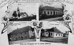 dobová pohlednice vsi s kostelem (vlevo nahoře)