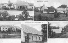 dobová pohlednice vsi s kaplí (na pravém horním snímku)