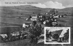 dobová pohlednice vsi s kostelem