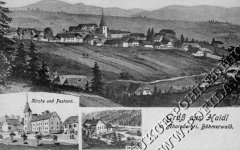 dobová pohlednice vsi s kostelem