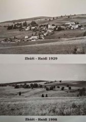 historické foto vsi s kostelem a srovnání se současným stavem