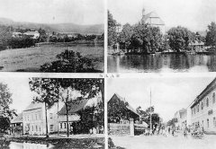 dobová pohlednice vsi s kostelem