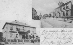 dobová pohlednice vsi s kostelem (na horním snímku v pozadí)