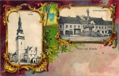 dobová pohlednice města s kostelem
