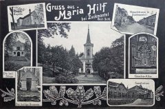 historická pohlednice poutního místa s kostelem a jeho oltářem