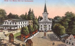 dobová pohlednice s námětem poutního areálu, ještě s původním kostelem