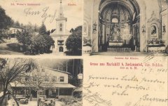 dobová pohlednice s námětem poutního areálu, ještě s původním kostelem