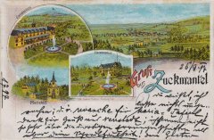historická pohlednice města s kostelem (vlevo dole)
