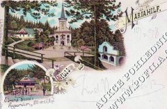 dobová pohlednice s námětem poutního areálu, ještě s původním kostelem