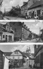 dobová pohlednice vsi s kostelem (na horním snímku)