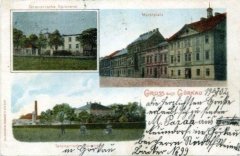 na dolním obrázku je budova dnešního zemědělského učiliště, vpravo je vidět věž evangelického kostela