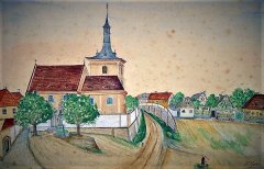 obraz města s kostelem