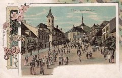 dobová pohlednice s motivem kostela (vlevo)