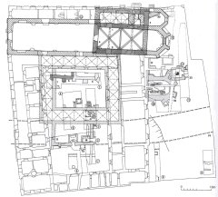 areál kláštera s kostelem s vynesením výsledků archeologického výzkumu