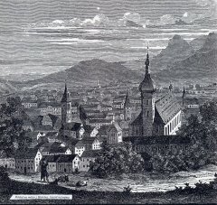 kresba města s kostelem (vlevo od středu)