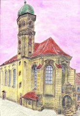 kresba III. náměstí s kostelem, pohled do ulice Dobrovolců