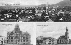 dobová pohlednice města s kostelem (na horním snímku, věž v pozadí)