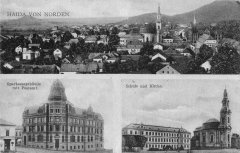dobová pohlednice města s kostelem (na horním snímku, věž v pozadí)