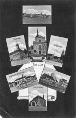 dobová pohlednice města s kostelem (dole)