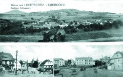 dobová pohlednice vsi s kaplí (na levém dolním snímku)