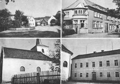 dobová pohlednice vsi s kostelem