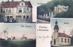 historická pohlednice obce s kaplí