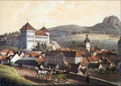 obraz města s kostelem (vlevo)