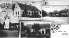 dobová pohlednice vsi se zvoničkou (vlevo)