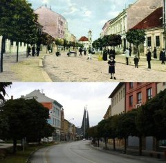 srovnávací fotografie s kostelem v minulosti a současnosti
